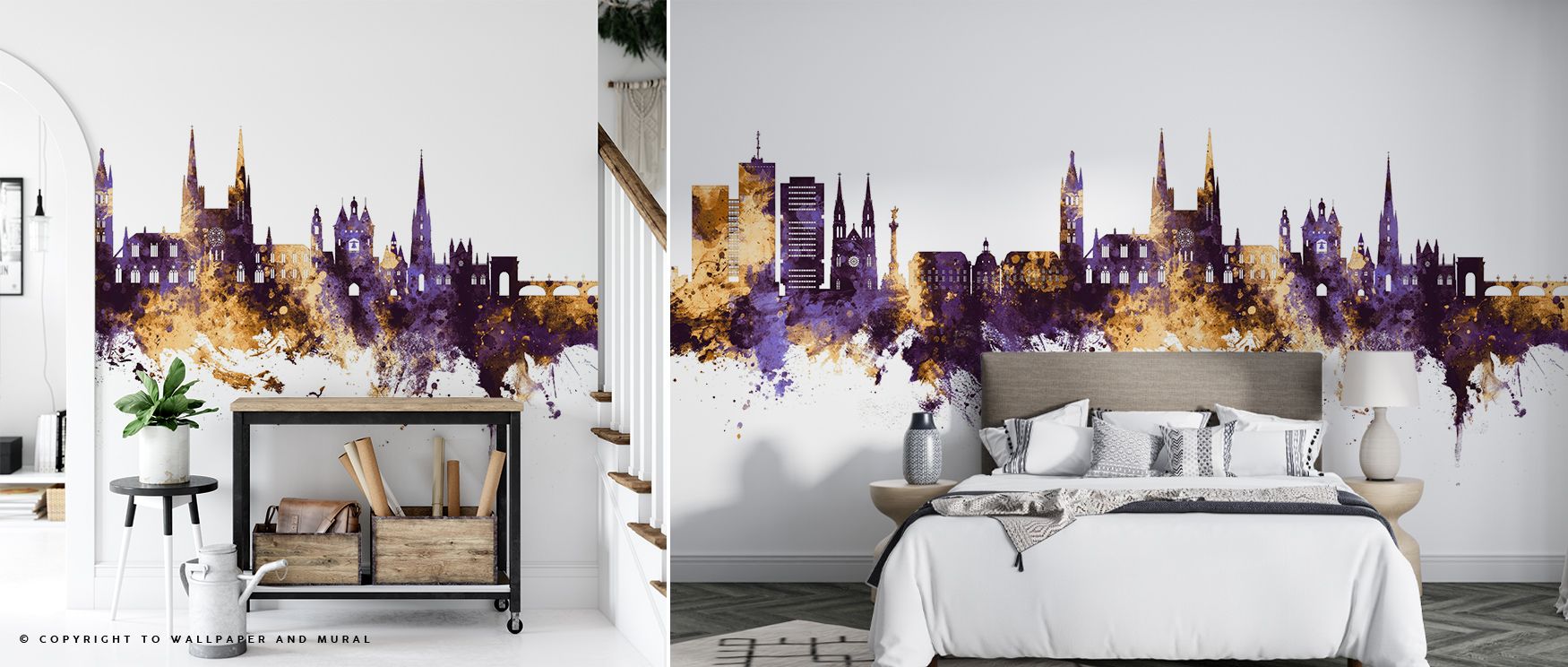 The Bordeaux France Skyline in Purple & Gold Wallpaper creates atmosphere through refined contrasts, where architecture shines in jewel tones. The cityscape flows across walls, adding depth and elegance. This design enriches living room, bedroom, or offic