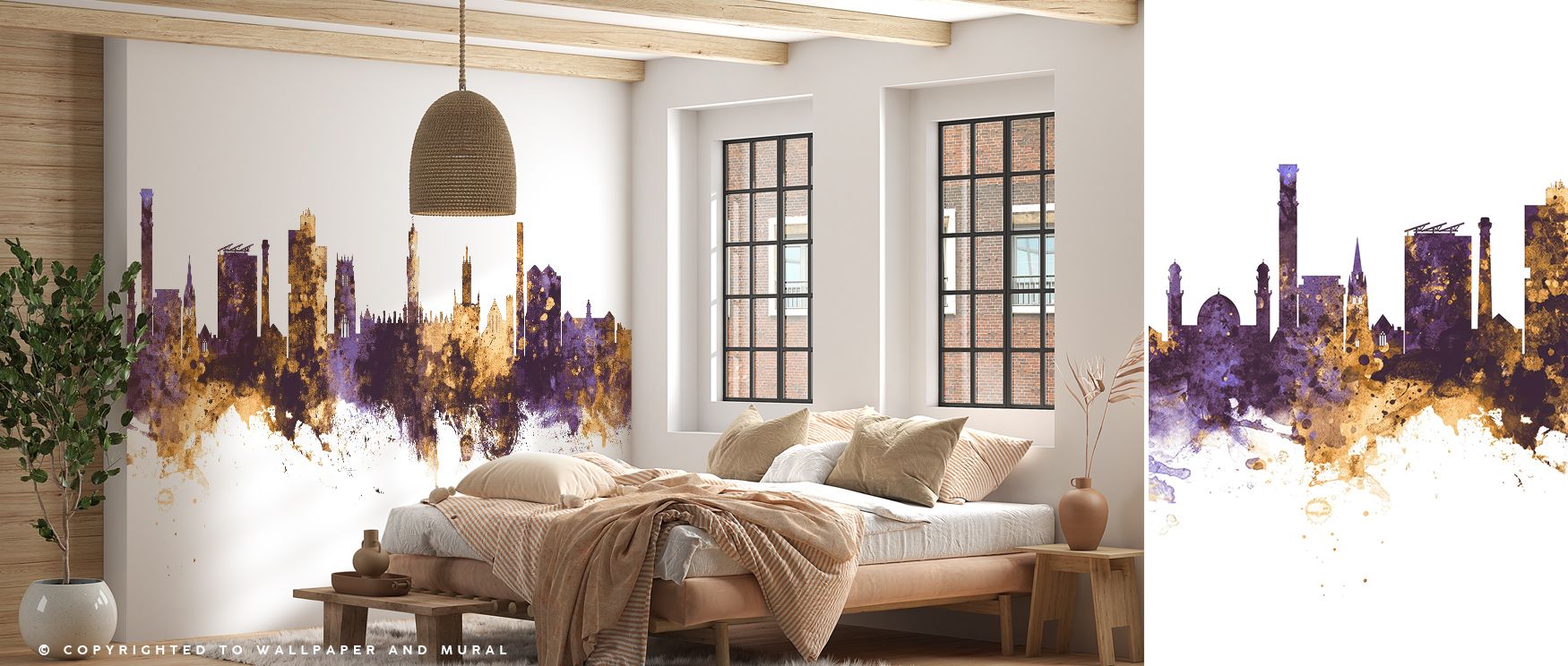 Bradford England Skyline Purple & Gold Wallpaper blends heritage and elegance, where regal tones illuminate structures with striking detail. The design flows with rhythm, surrounding interiors with sophistication and charm. Perfect for a living room, bedr