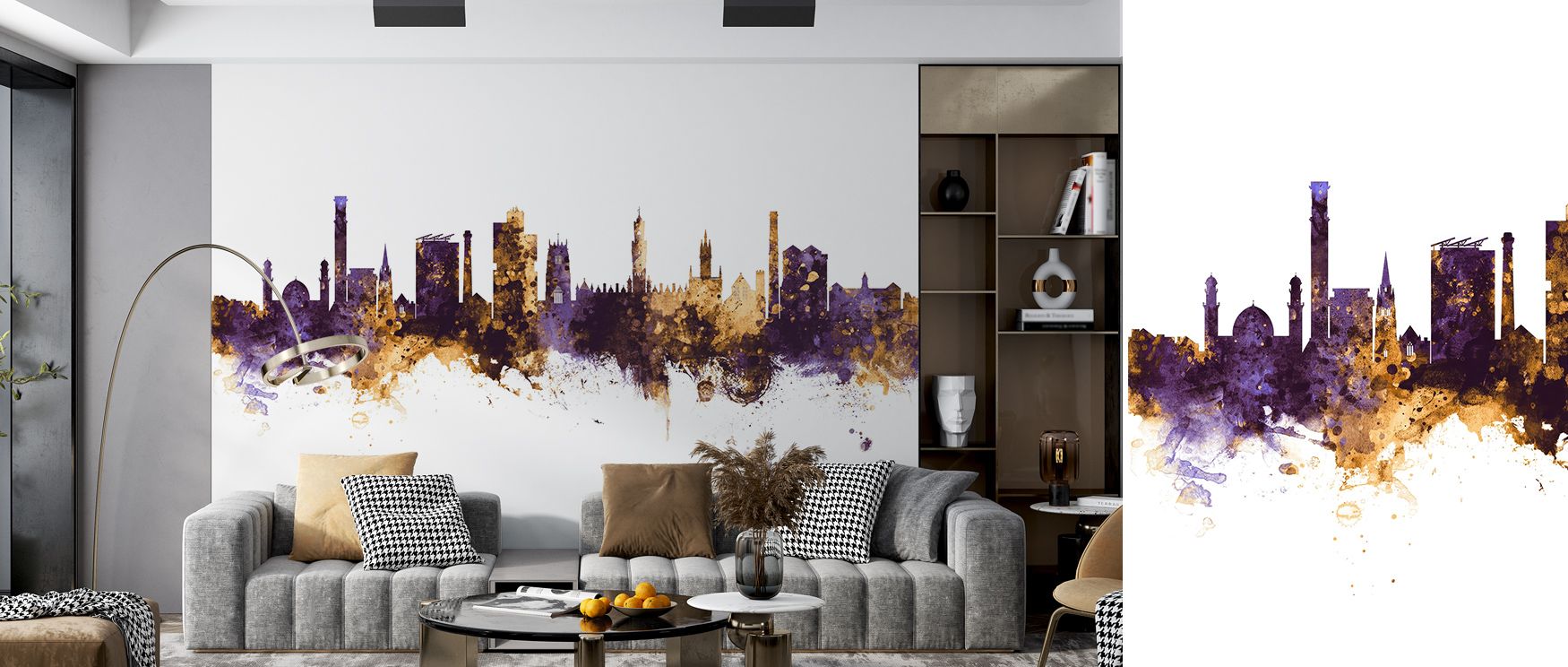 Bradford England Skyline Purple & Gold Wallpaper combines artistry and heritage, creating rhythm across interiors. The purple and gold palette adds regal charm, surrounding a living room, bedroom, or office with atmosphere. It transforms walls into urban 