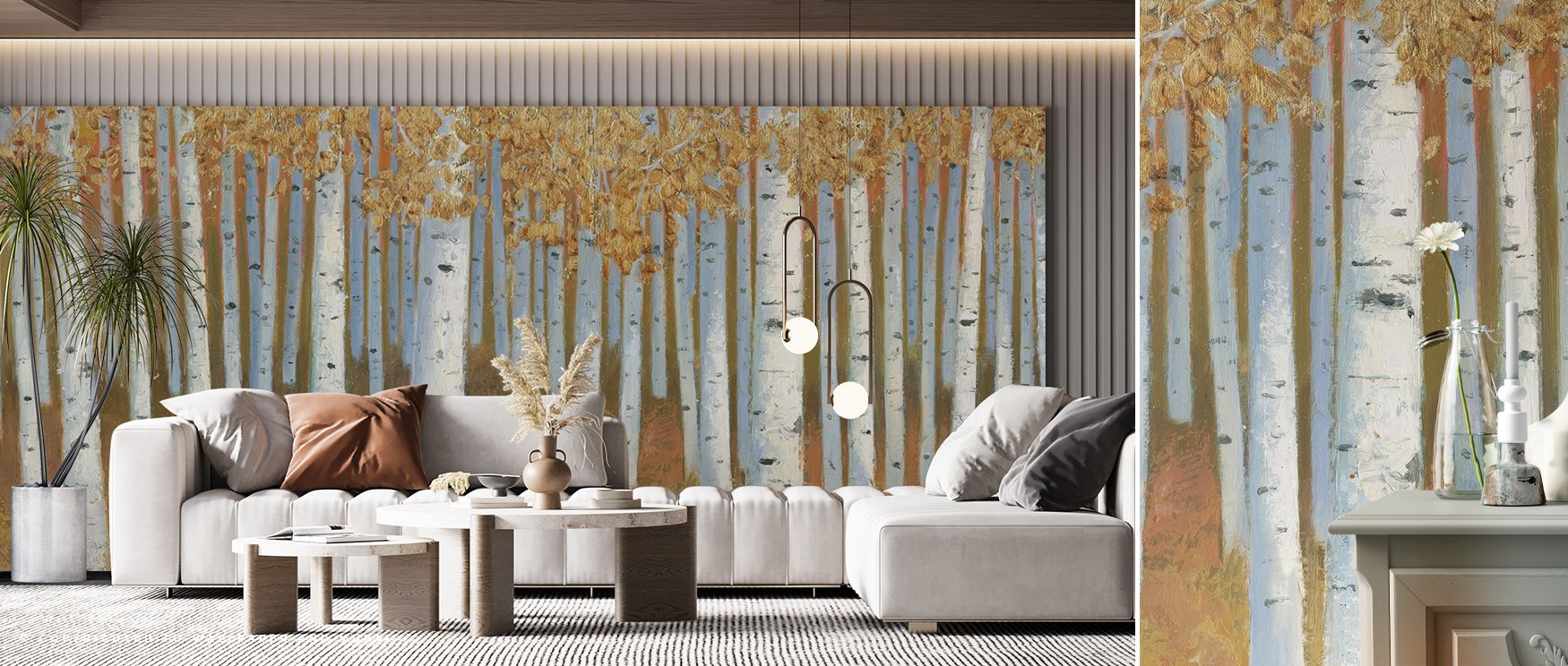 Through lush tones and detailed leaves, Bright Forest I Wallpaper enriches interiors with nature’s artistry. The design adds rhythm and serenity, surrounding a living room, bedroom, or office with calm balance, transforming walls into cultural tributes to
