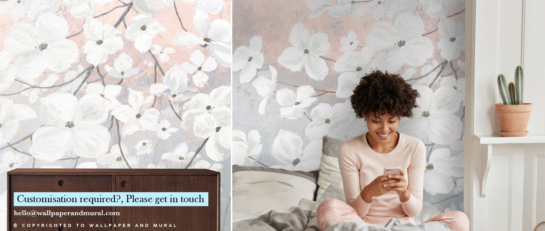 The Bringing in Blossoms Blush Wallpaper portrays blossoms with lightness and clarity, surrounding interiors with soft atmosphere. Perfect for a living room, bedroom, or office, it conveys cultural sophistication and serenity while turning walls into flor