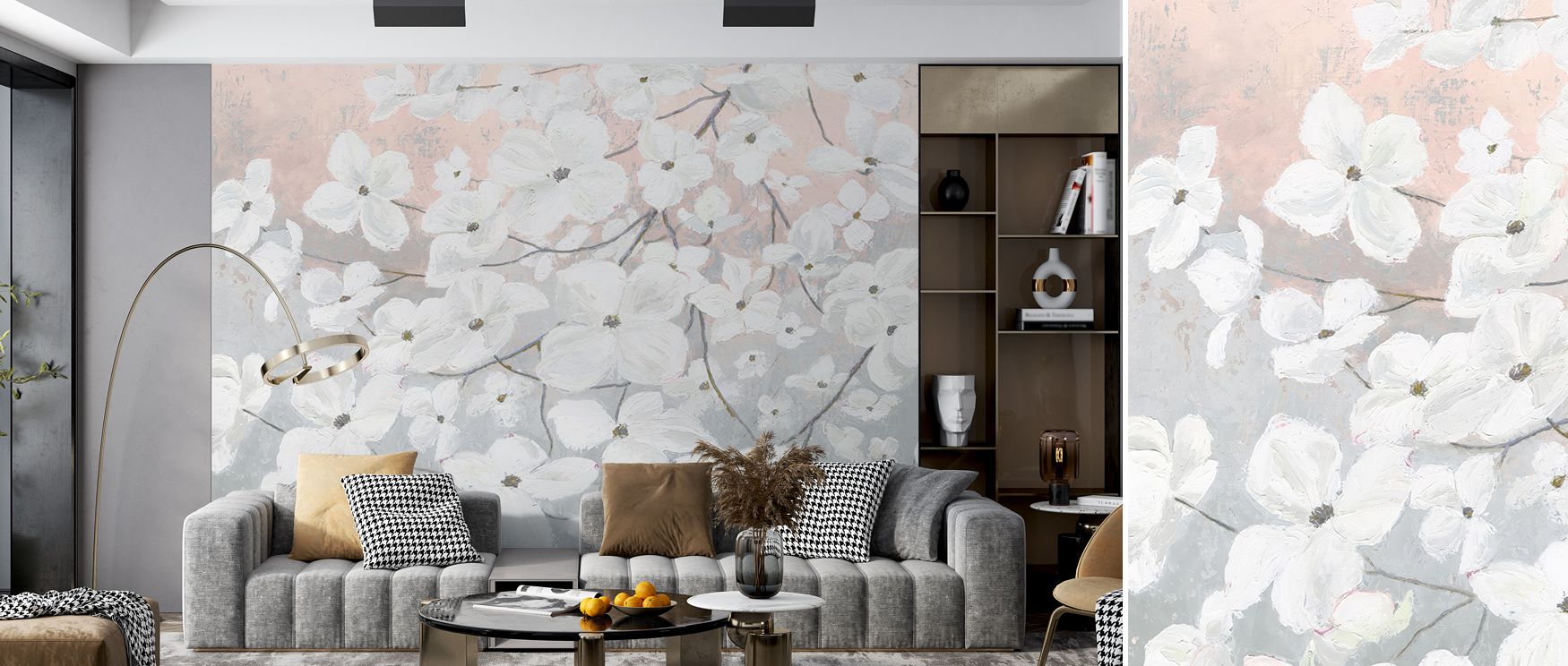 The Bringing in Blossoms Blush Wallpaper celebrates natural beauty through soft tones and flowing petals. It surrounds interiors with serenity and artistry, offering a living room, bedroom, or office atmosphere filled with refinement and cultural resonanc