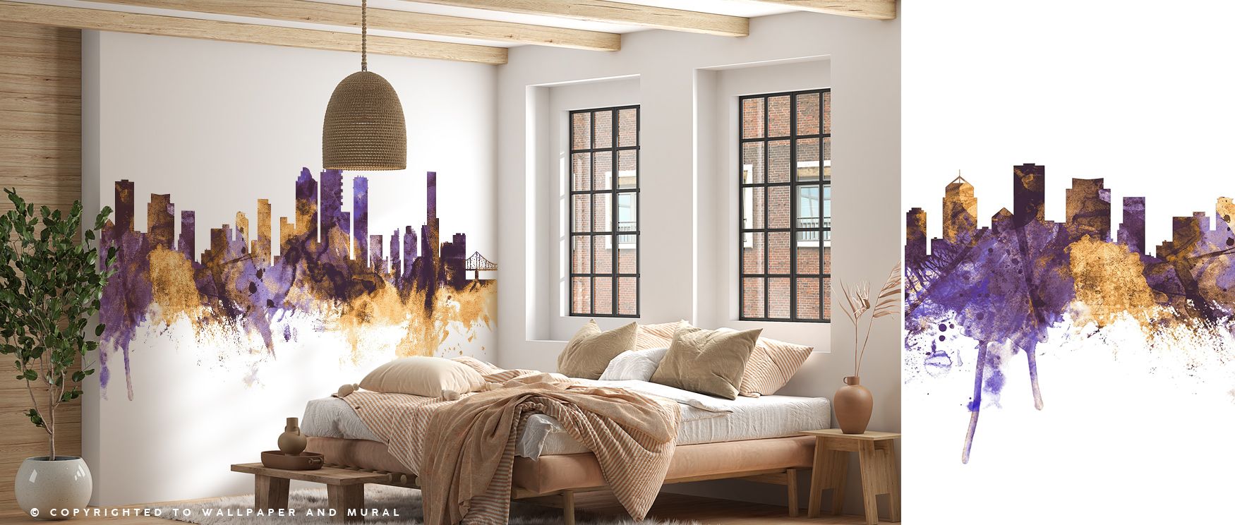 Brisbane Australia Skyline Purple & Gold Wallpaper blends heritage and modernity, with architectural silhouettes highlighted in bold tones. The design resonates with elegance and rhythm, enriching a living room, bedroom, or office with atmosphere rooted i