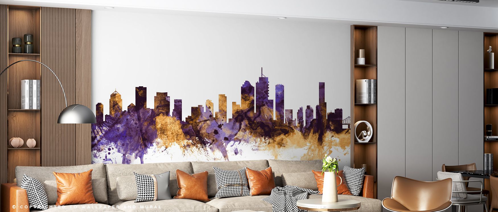 Through vivid contrasts, Brisbane Australia Skyline Purple & Gold Wallpaper transforms city heritage into luminous detail. The flowing skyline conveys rhythm, surrounding a living room, bedroom, or office with atmosphere of elegance, artistry, and sophist
