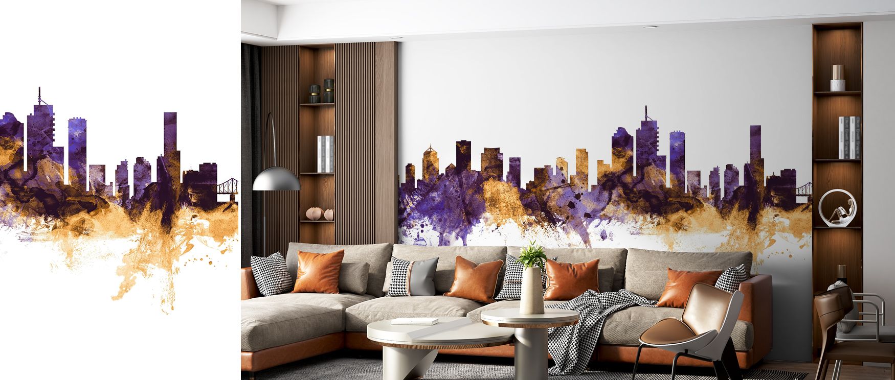 In Brisbane Australia Skyline Purple & Gold Wallpaper, architectural forms rise against regal tones, their silhouettes refined in detail. The palette creates atmosphere that enriches a living room, bedroom, or office with rhythm, artistry, and cultural pr