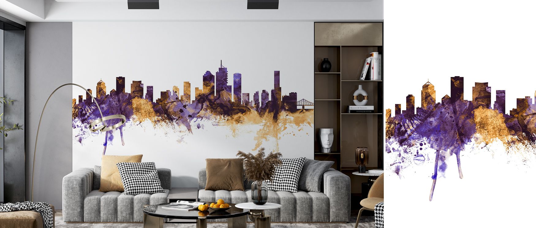 Brisbane Australia Skyline Purple & Gold Wallpaper balances heritage with artistry, surrounding interiors with luminous detail. Purple adds elegance while golden highlights bring energy, creating atmosphere across walls. It enriches a living room, bedroom