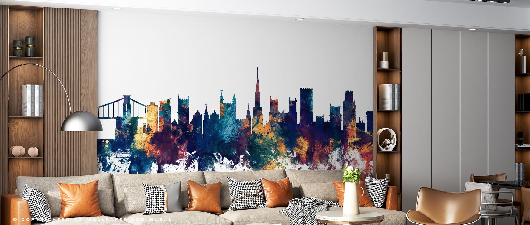 The Bristol England Skyline Blue & Bronze Wallpaper highlights landmarks in striking clarity, creating rhythm across walls. Blue tones bring calm while bronze conveys warmth, surrounding a living room, bedroom, or office with atmosphere of refinement, art