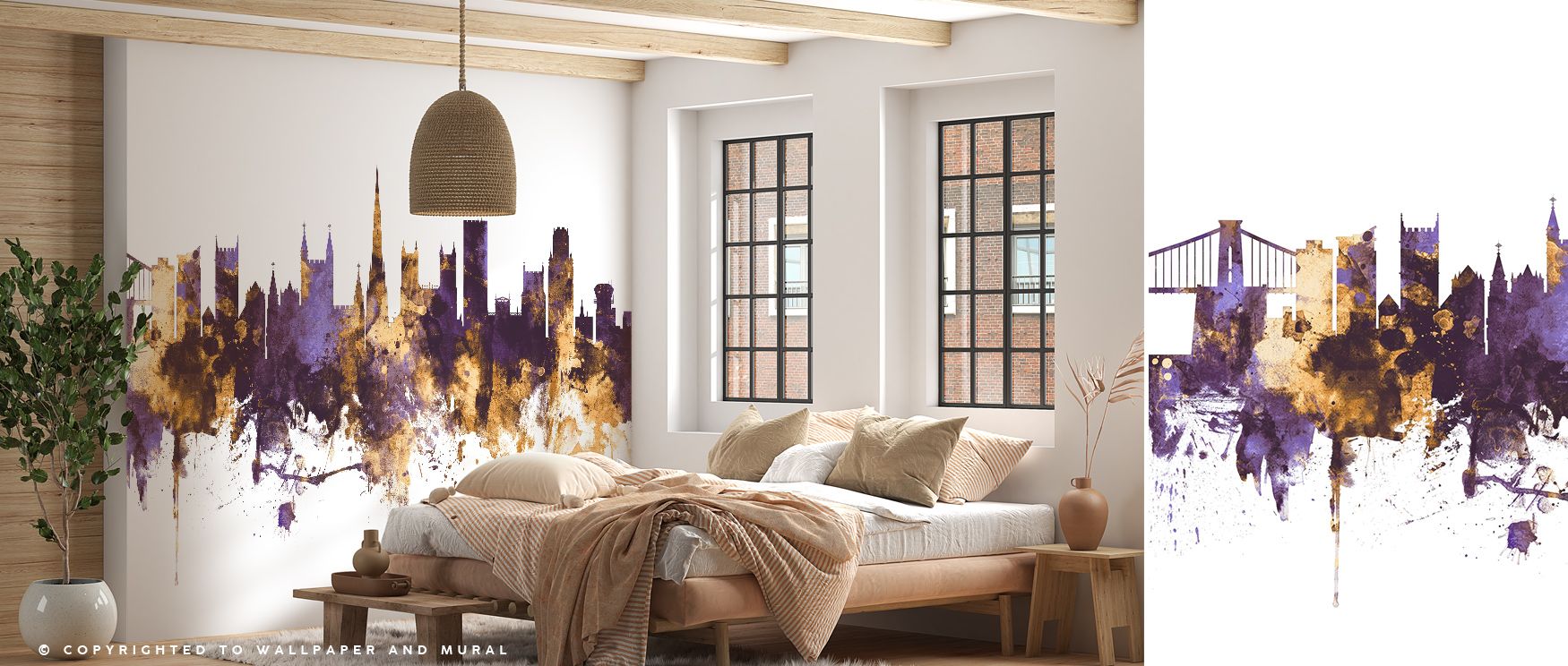 Bristol England Skyline Purple & Gold Wallpaper reflects artistry through regal tones, where silhouettes glow with brilliance against a bold backdrop. The design enhances a living room, bedroom, or office with atmosphere of refinement, artistry, and cultu