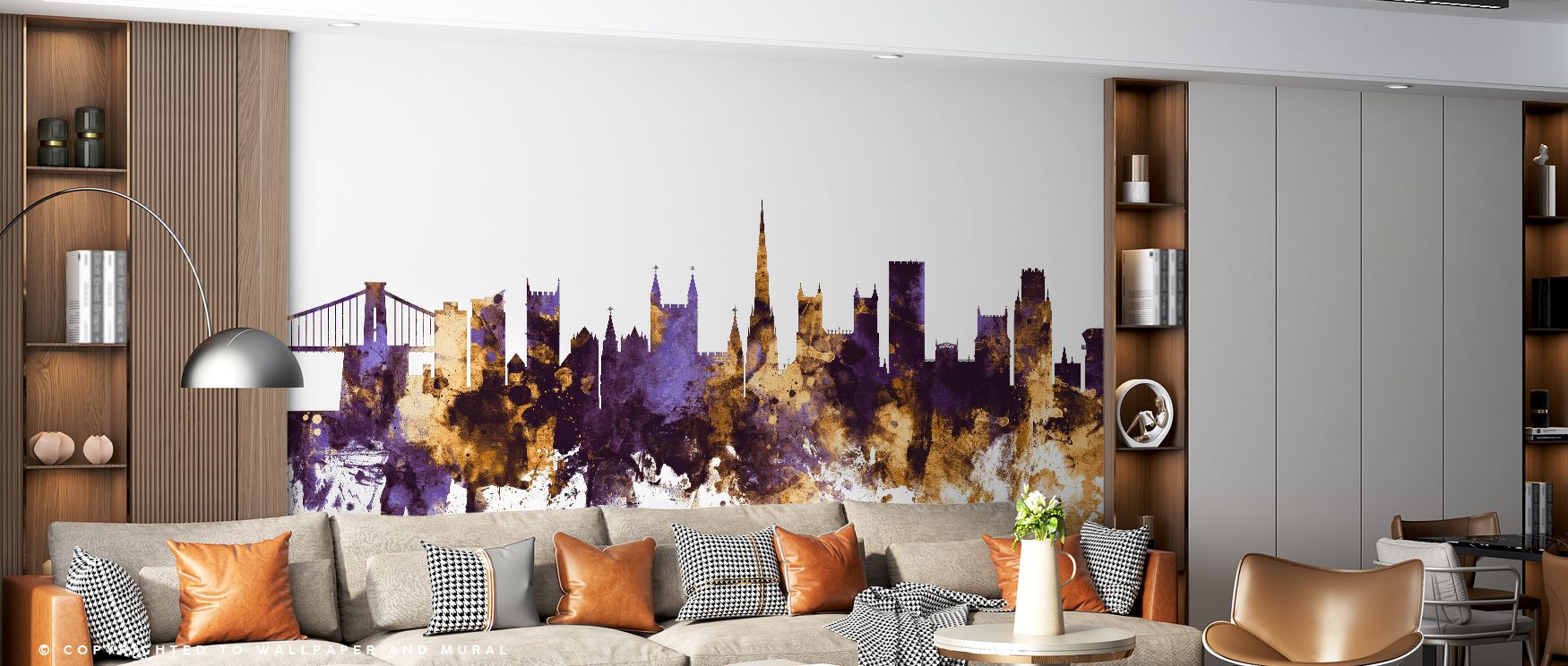 In Bristol England Skyline Purple & Gold Wallpaper, landmarks shine in luminous tones that balance mood and brilliance. The design transforms a living room, bedroom, or office with sophistication, turning walls into cultural statements rooted in heritage 