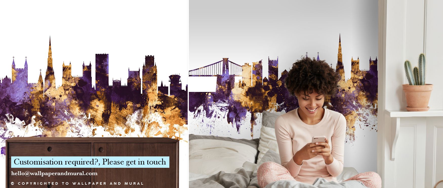 Bristol England Skyline Purple & Gold Wallpaper embodies urban pride, where regal tones highlight architectural silhouettes in clarity. This design enriches a living room, bedroom, or office with atmosphere of elegance, surrounding spaces with sophisticat