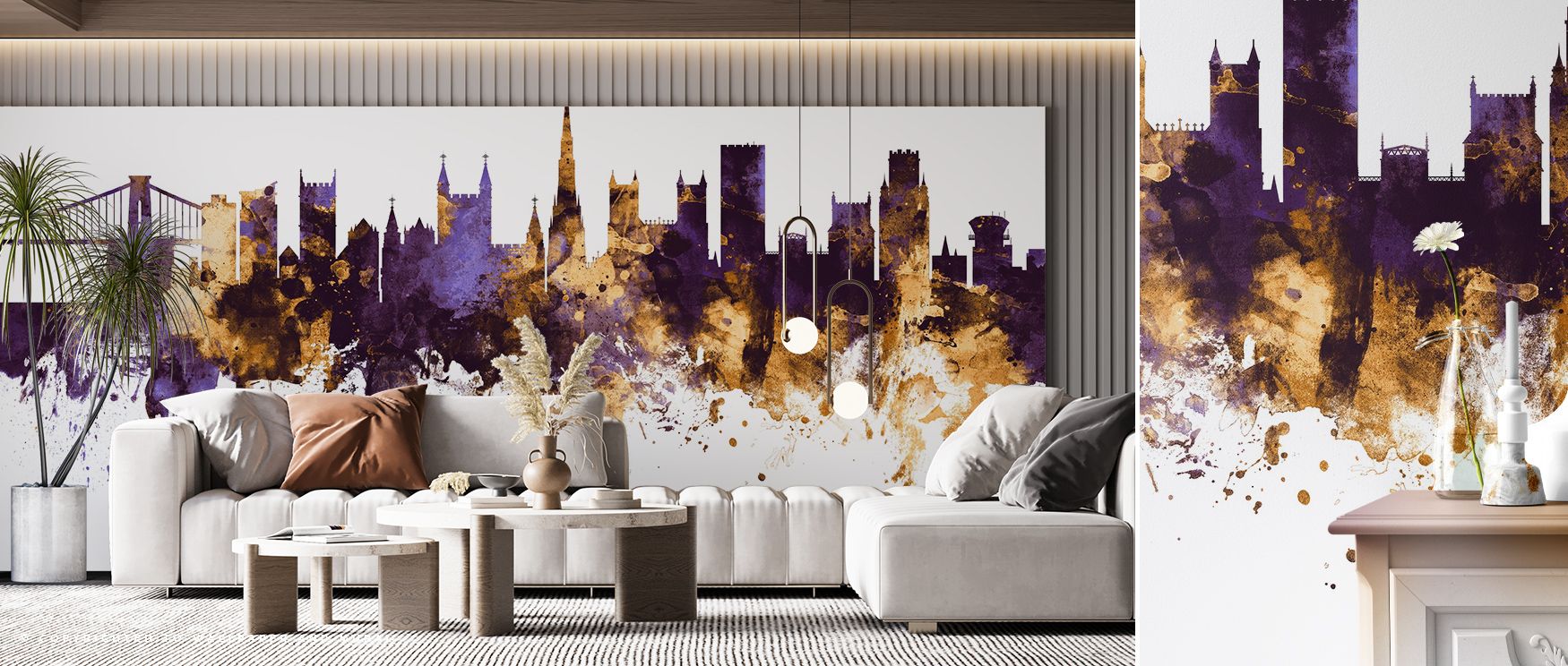 Bristol England Skyline Purple & Gold Wallpaper offers refinement through luminous tones and balanced detail, surrounding interiors with atmosphere that feels celebratory. It enriches a living room, bedroom, or office with rhythm, artistry, and timeless e