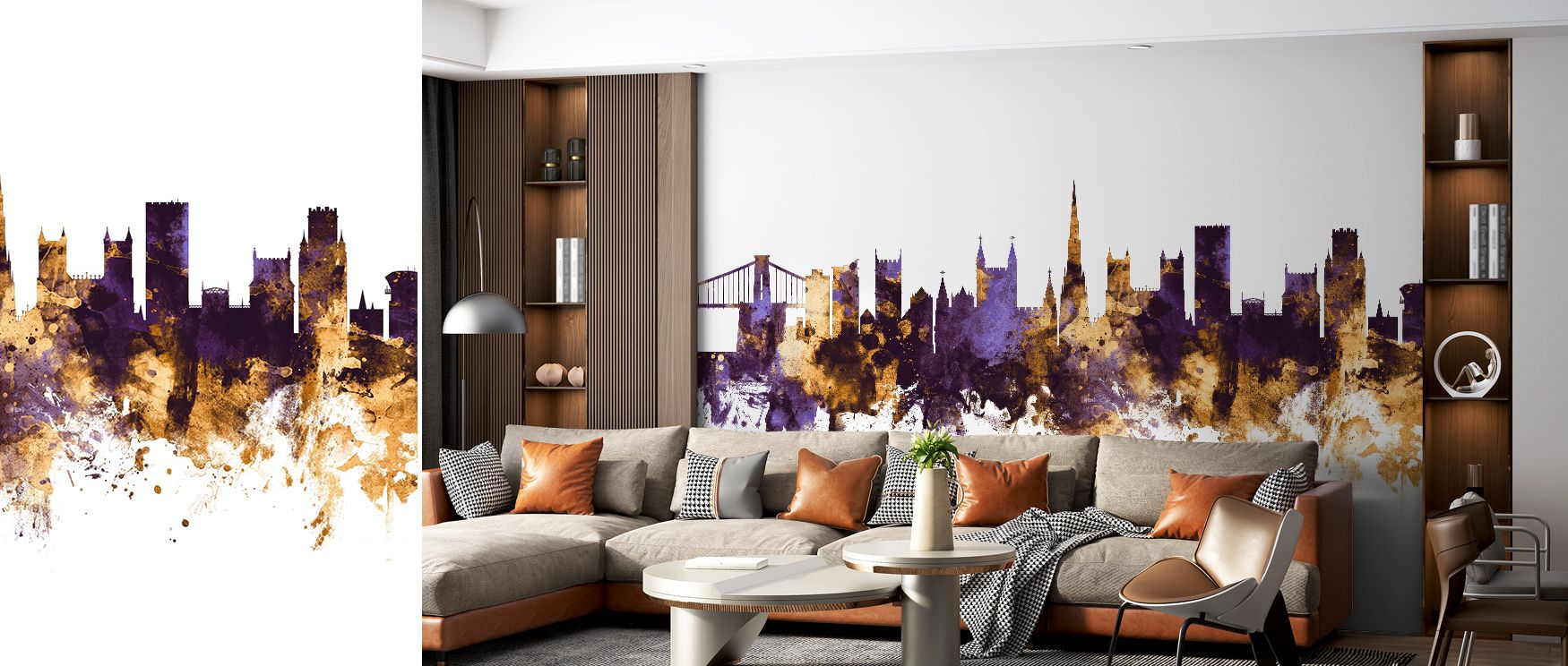 Bristol England Skyline Purple & Gold Wallpaper enhances walls with rhythm and refinement, where glowing tones convey balance and depth. The design enriches a living room, bedroom, or office with sophistication, surrounding interiors with cultural resonan