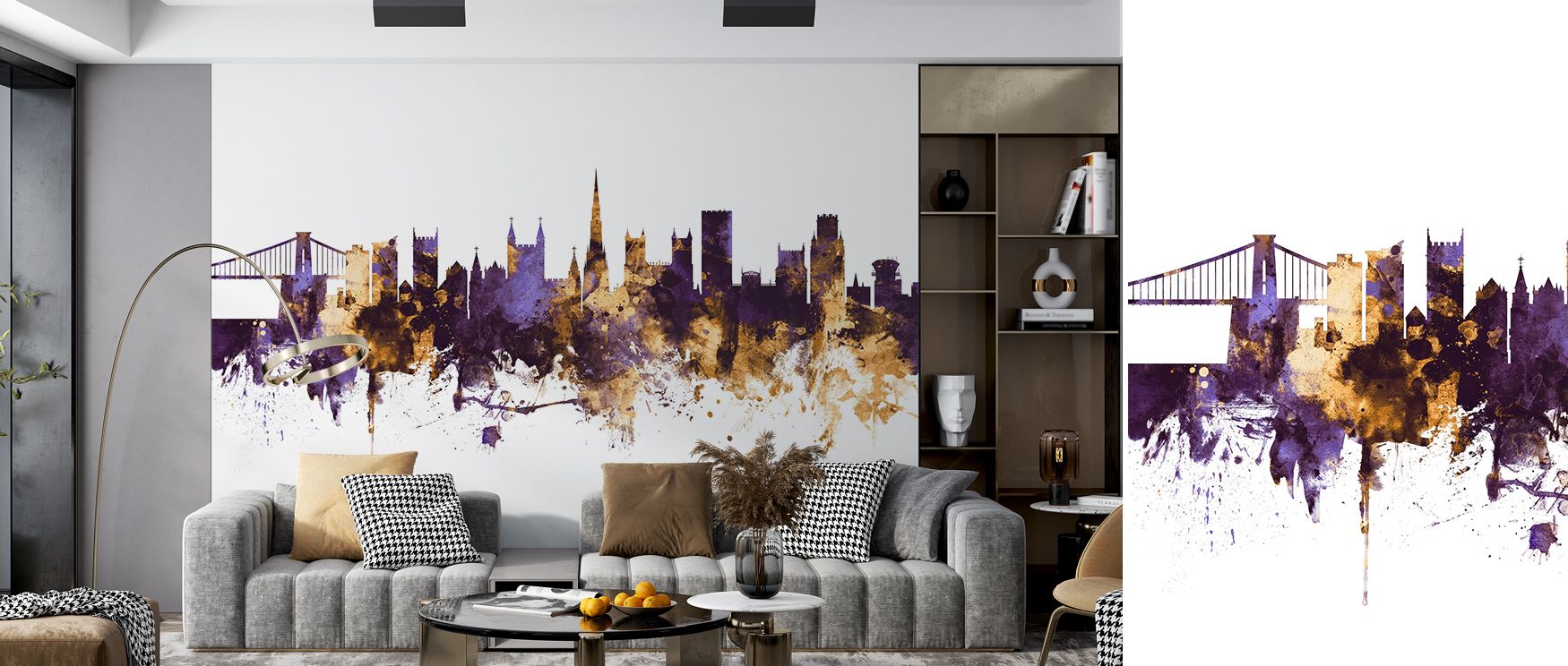 The Bristol England Skyline Purple & Gold Wallpaper creates atmosphere where bold purple meets glowing gold, surrounding interiors with elegance. It enriches a living room, bedroom, or office with refinement, offering walls cultural depth and urban sophis