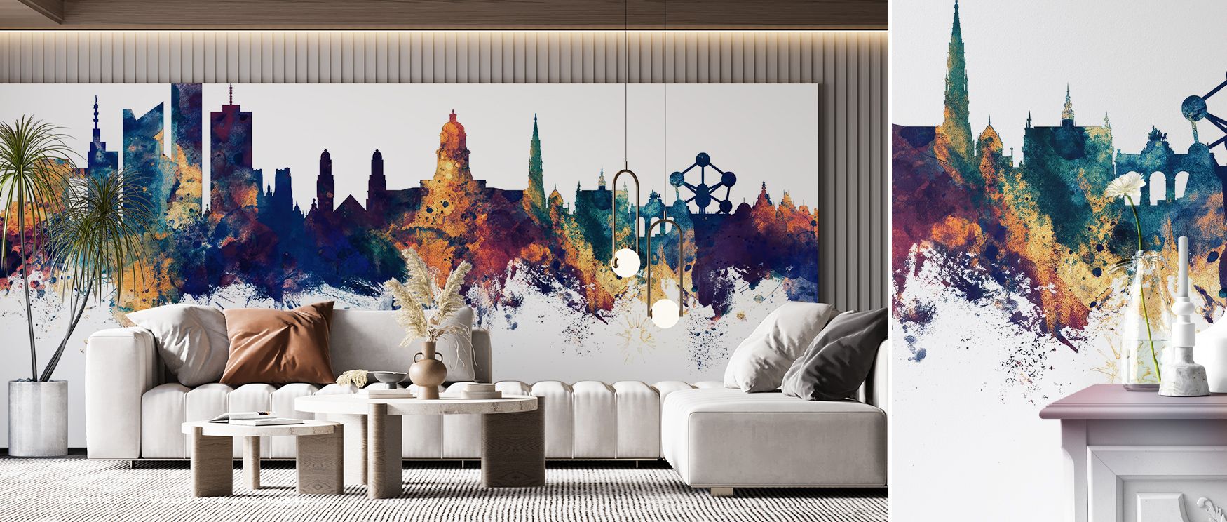 The Brussels Belgium Skyline Blue & Bronze Wallpaper portrays landmarks in luminous tones, creating atmosphere that feels vibrant and refined. This design enriches a living room, bedroom, or office with sophistication and artistry, offering interiors cult