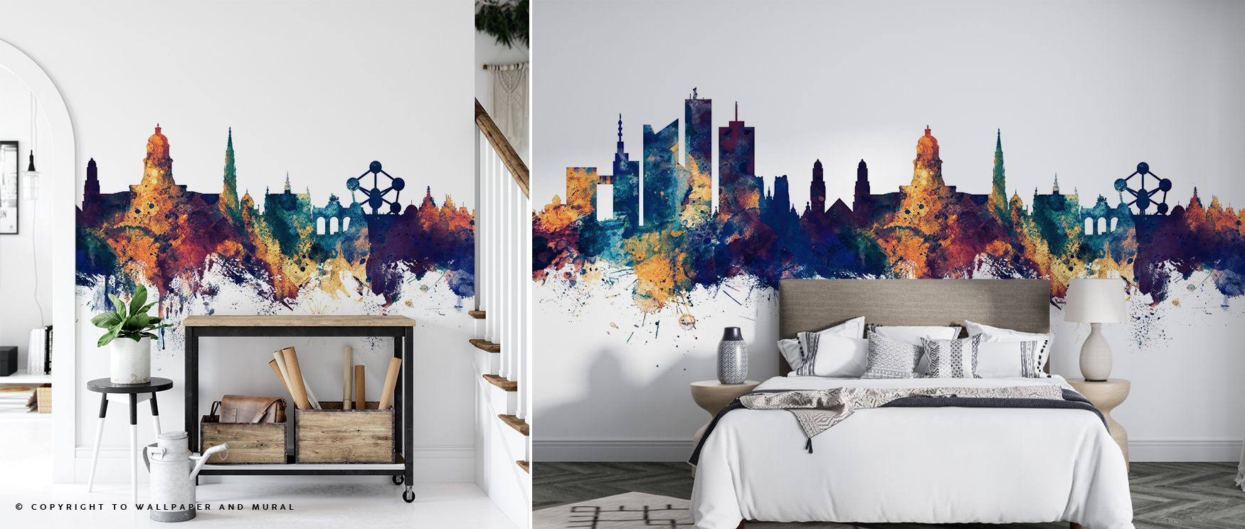 The Brussels Belgium Skyline Blue & Bronze Wallpaper conveys balance where luminous bronze meets deep blue shadows. The skyline enriches a living room, bedroom, or office with atmosphere filled with refinement and cultural depth, offering interiors timele