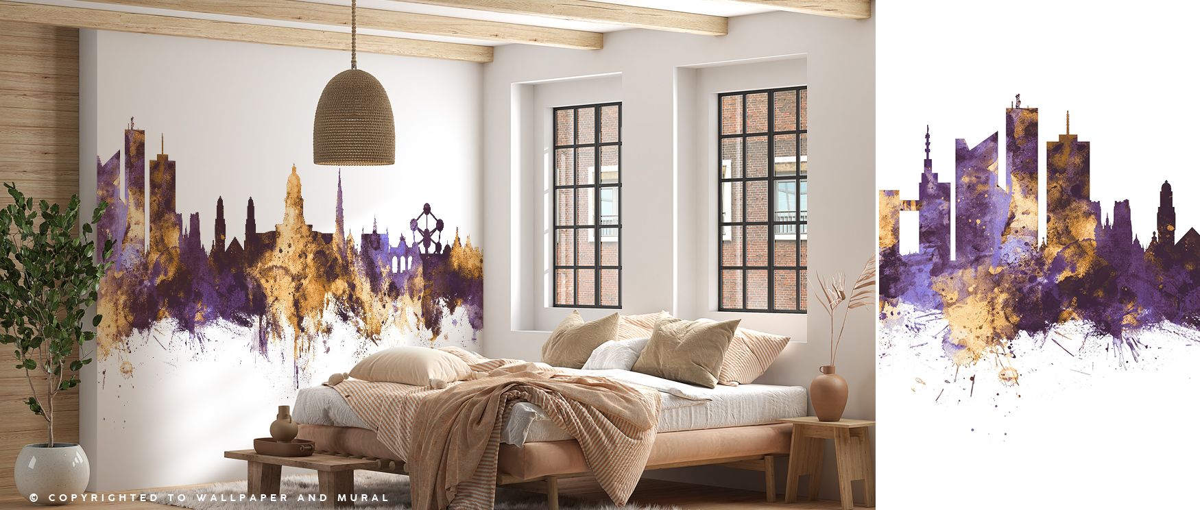 Brussels Belgium Skyline Purple & Gold Wallpaper portrays cultural pride in regal tones, where architecture glows with refinement. The design enriches a living room, bedroom, or office with atmosphere of sophistication and artistry, offering timeless reso