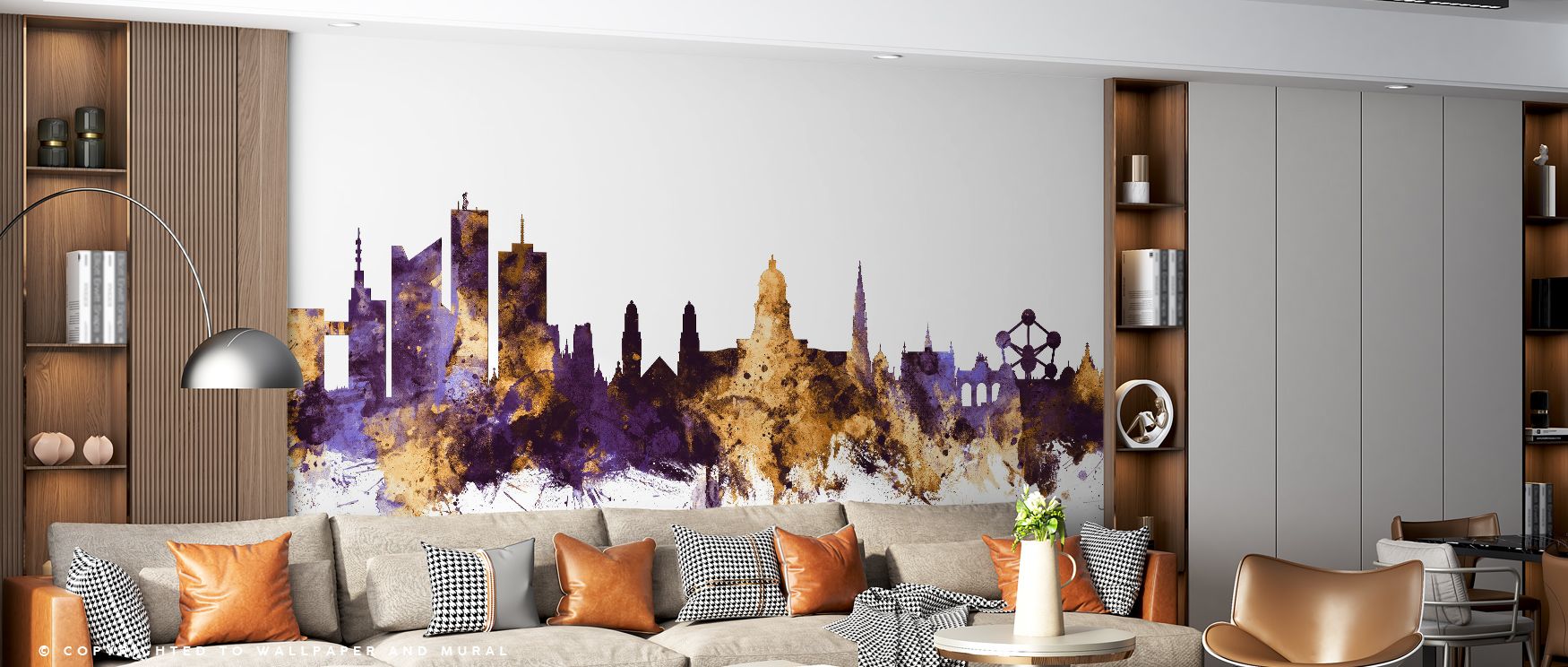The Brussels Belgium Skyline Purple & Gold Wallpaper conveys balance through glowing tones, where silhouettes emerge in clarity. It surrounds a living room, bedroom, or office with refinement, creating atmosphere of cultural resonance and artistic rhythm,