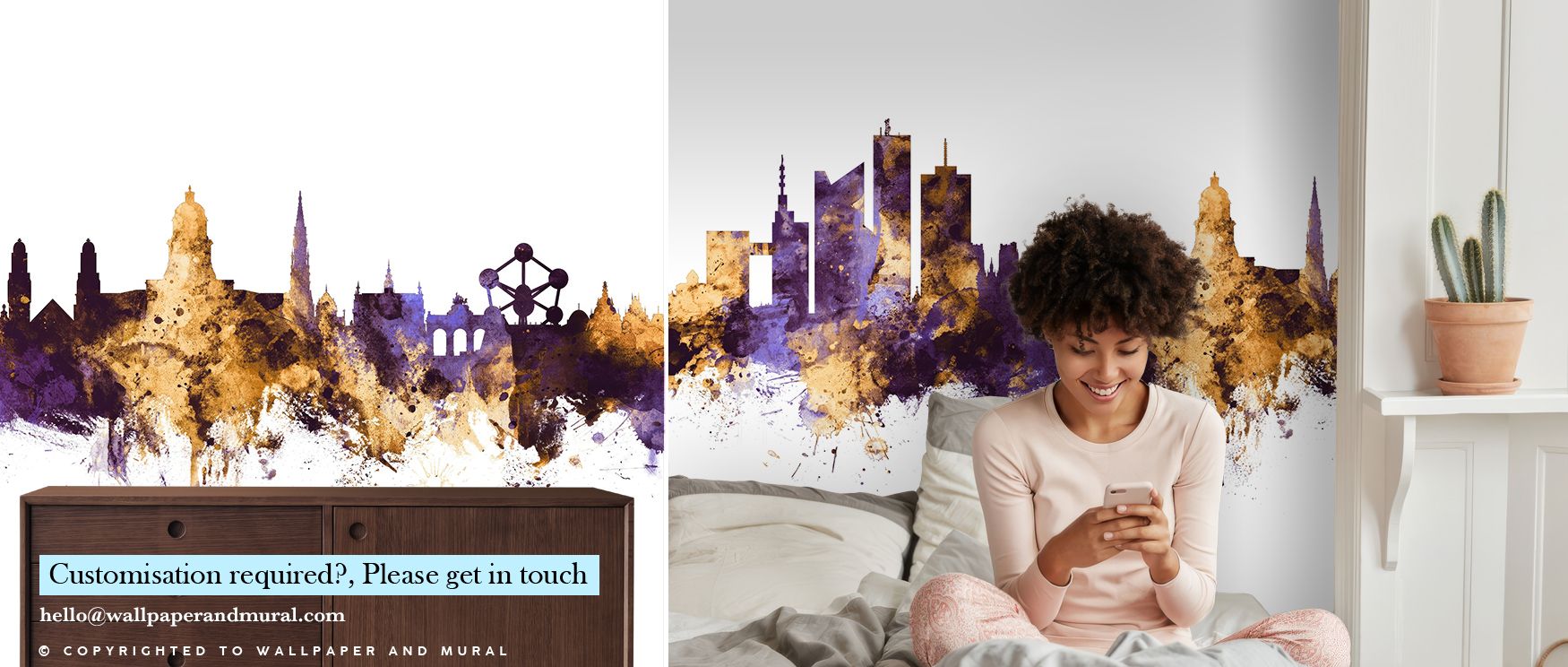 Brussels Belgium Skyline Purple & Gold Wallpaper reflects heritage in luminous tones, surrounding interiors with cultural depth. Purple shadows bring sophistication, while golden highlights add brilliance. This design enriches a living room, bedroom, or o