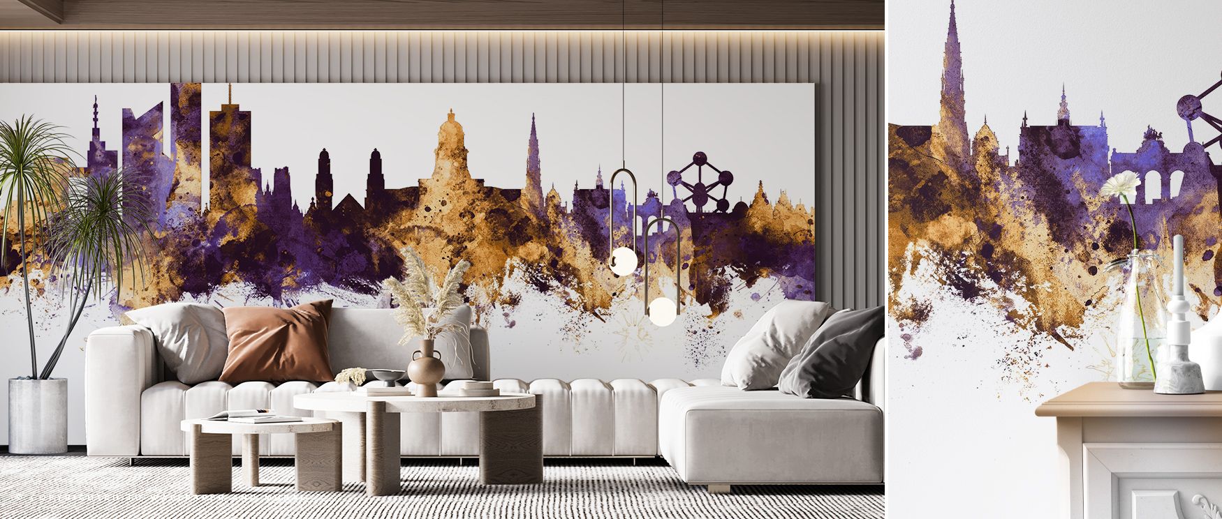The Brussels Belgium Skyline Purple & Gold Wallpaper highlights architecture through luminous tones, where every landmark resonates with heritage and artistry. The design enriches a living room, bedroom, or office with cultural presence, offering atmosphe