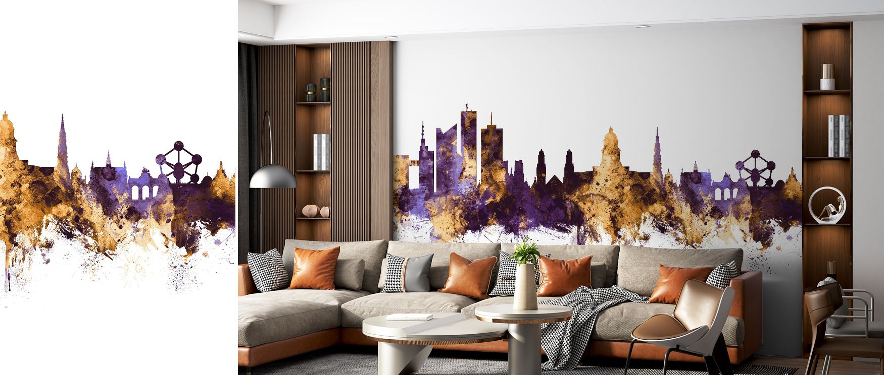 In Brussels Belgium Skyline Purple & Gold Wallpaper, the skyline glows in regal tones, enriching interiors with artistry and elegance. This design surrounds a living room, bedroom, or office with rhythm and refinement, celebrating cultural pride and archi