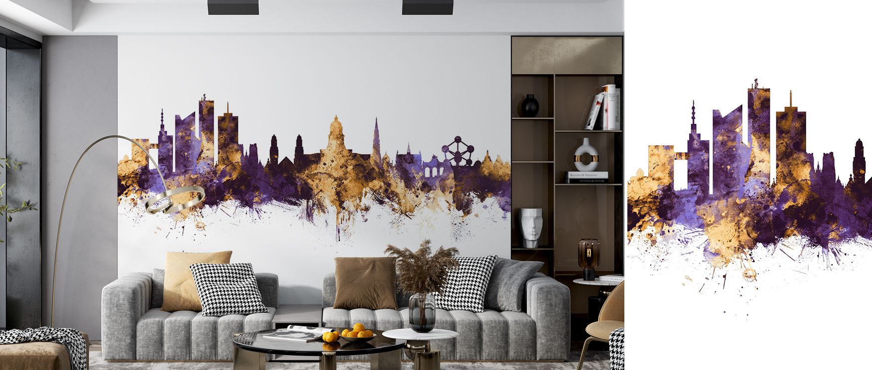 Brussels Belgium Skyline Purple & Gold Wallpaper portrays landmarks in clarity, where purple adds depth and gold conveys brilliance. This wallpaper enriches a living room, bedroom, or office with atmosphere of sophistication, offering interiors timeless c