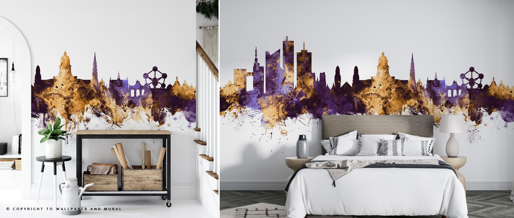 Through luminous tones, Brussels Belgium Skyline Purple & Gold Wallpaper transforms walls into cultural showcases. It enriches a living room, bedroom, or office with rhythm and refinement, surrounding interiors with atmosphere that celebrates heritage and