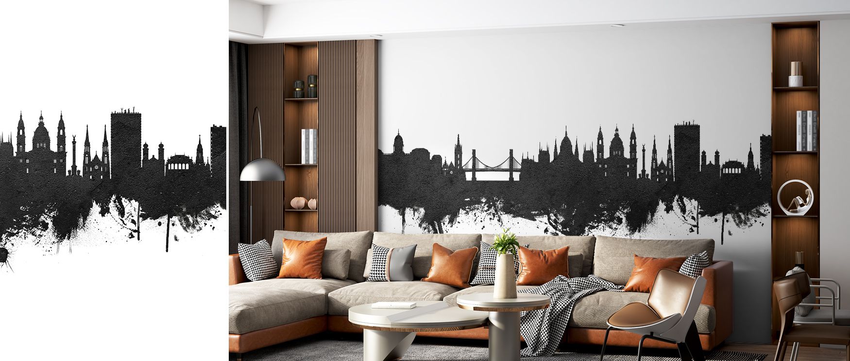 Budapest Skyline Black & White Wallpaper conveys architectural heritage through contrasts of light and shadow, enriching a living room, bedroom, or office with rhythm. It creates atmosphere filled with cultural presence, artistry, and timeless refinement 