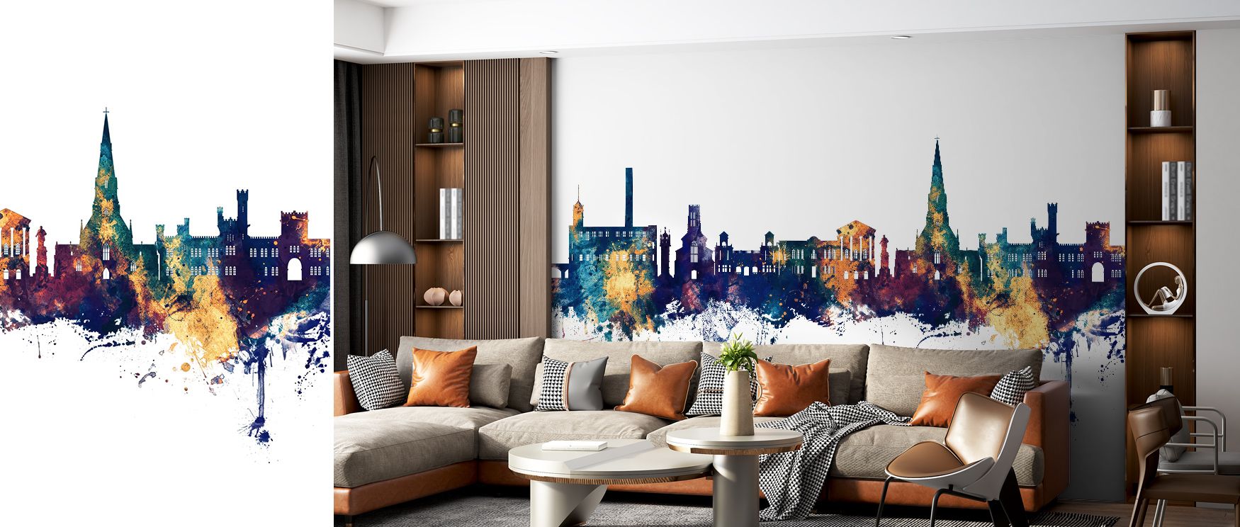 Bury England Skyline Blue & Bronze Wallpaper celebrates heritage through vibrant tones, where architectural silhouettes glow with clarity. This design enriches a living room, bedroom, or office with rhythm, artistry, and timeless cultural resonance across