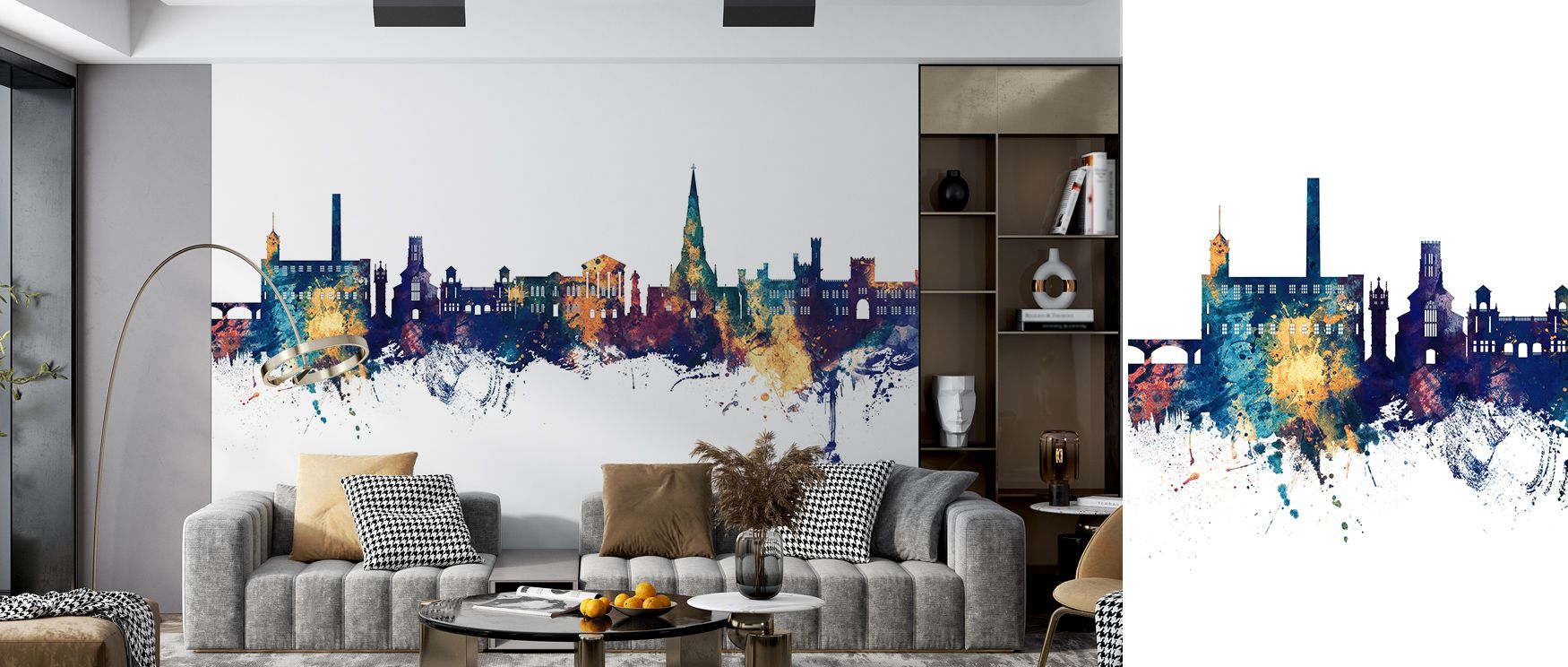 In Bury England Skyline Blue & Bronze Wallpaper, refined tones highlight architecture with clarity, surrounding interiors with atmosphere of sophistication. The design enriches a living room, bedroom, or office with artistry, refinement, and timeless cult