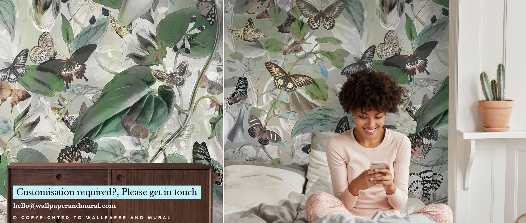 In Butterfly Paradise Dark Green Wallpaper, luminous wings contrast beautifully with deep foliage, creating rhythm and balance. The design enhances a living room, bedroom, or office with serenity, artistry, and refinement, offering interiors timeless soph