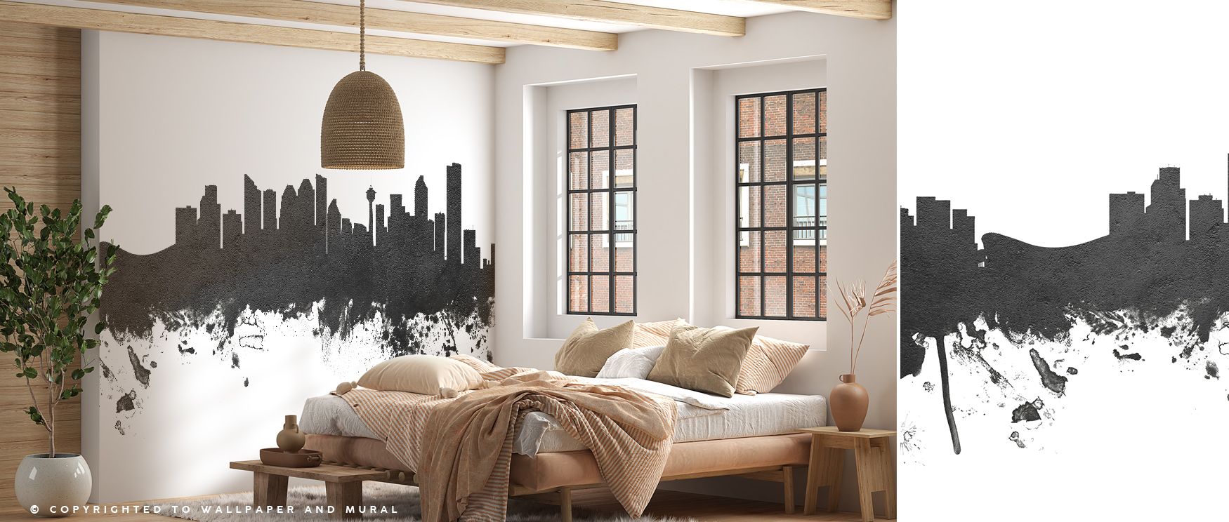 Calgary Canada Skyline Black & White Wallpaper portrays iconic landmarks in striking contrasts, where black tones create strength and white accents add clarity. The design enriches a living room, bedroom, or office with atmosphere of refinement, artistry,
