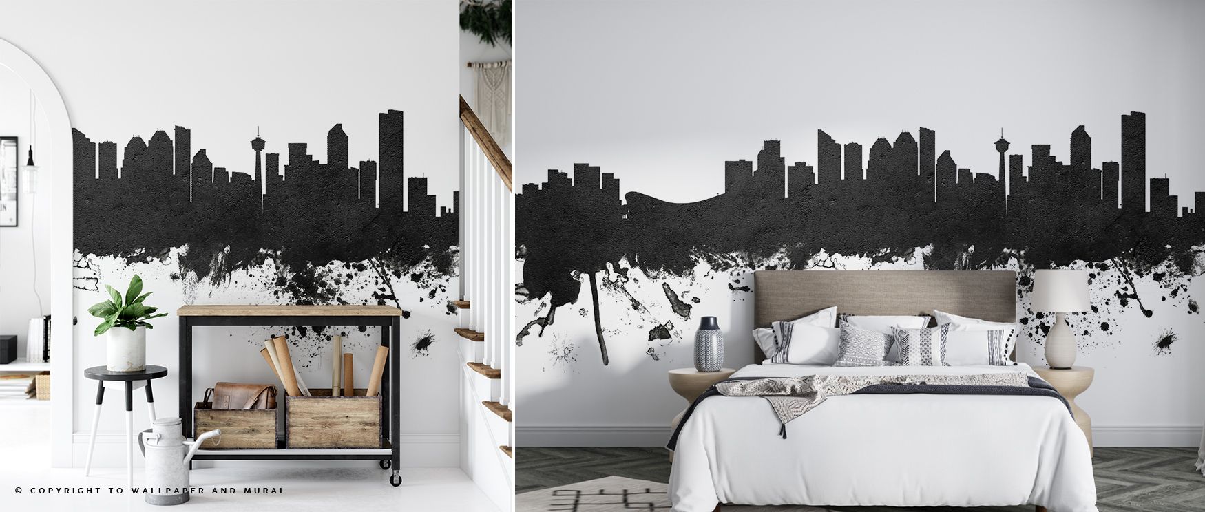 In Calgary Canada Skyline Black & White Wallpaper, minimal tones highlight architectural clarity, surrounding interiors with rhythm. This design enriches a living room, bedroom, or office with atmosphere of refinement, artistry, and cultural presence. 
