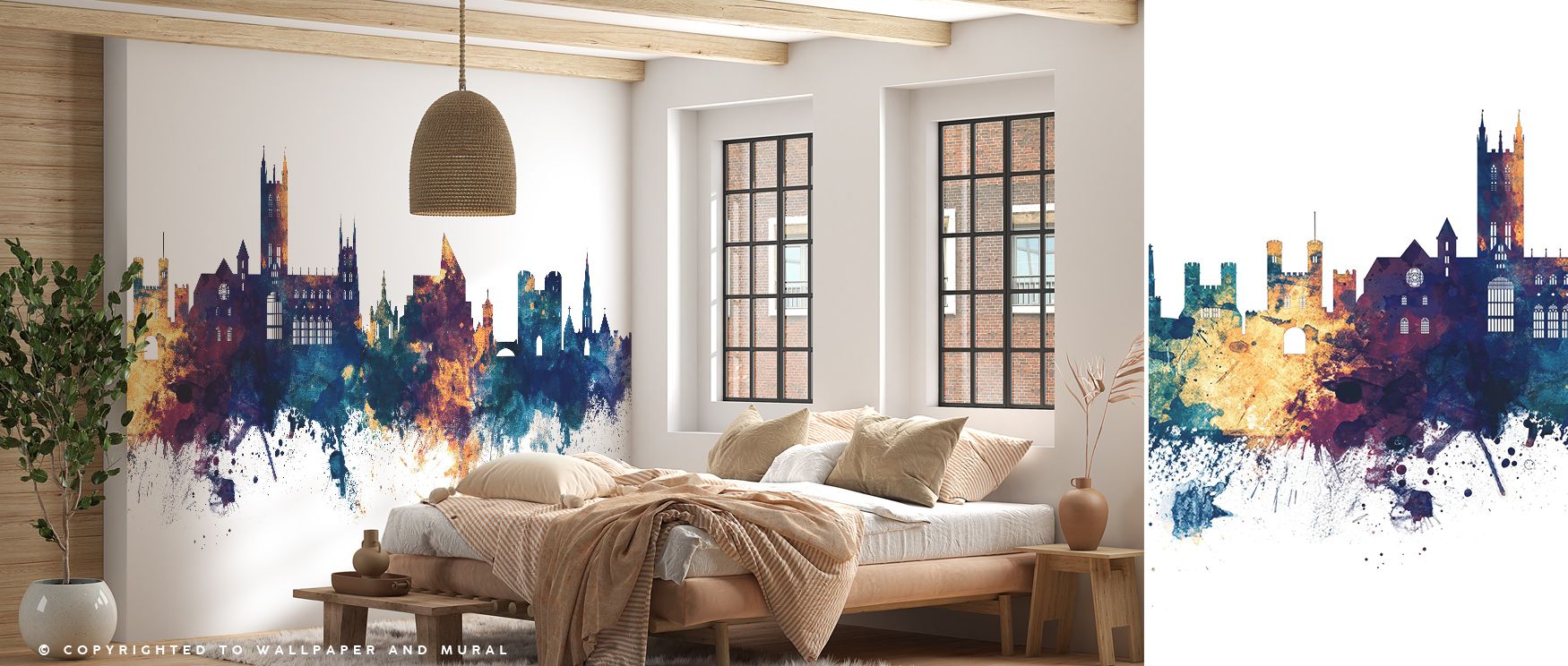 Canterbury England Skyline Blue & Bronze Wallpaper reflects elegance where luminous tones highlight architectural detail. This design enriches a living room, bedroom, or office with refinement and artistry, surrounding interiors with rhythm and cultural r