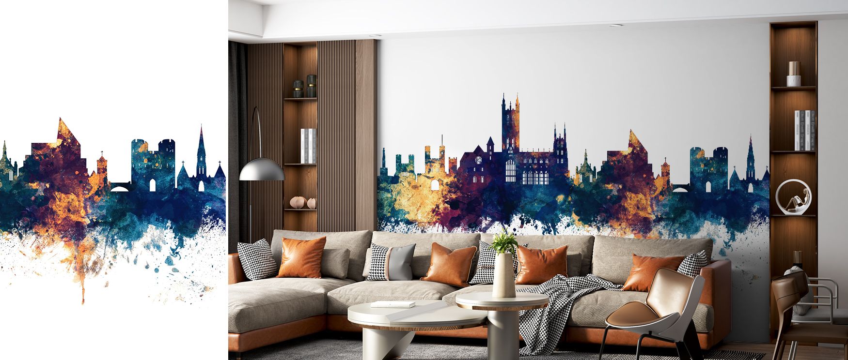 In Canterbury England Skyline Blue & Bronze Wallpaper, landmarks emerge in clarity through luminous contrasts. The design enriches a living room, bedroom, or office with atmosphere of refinement, artistry, and cultural resonance. 
