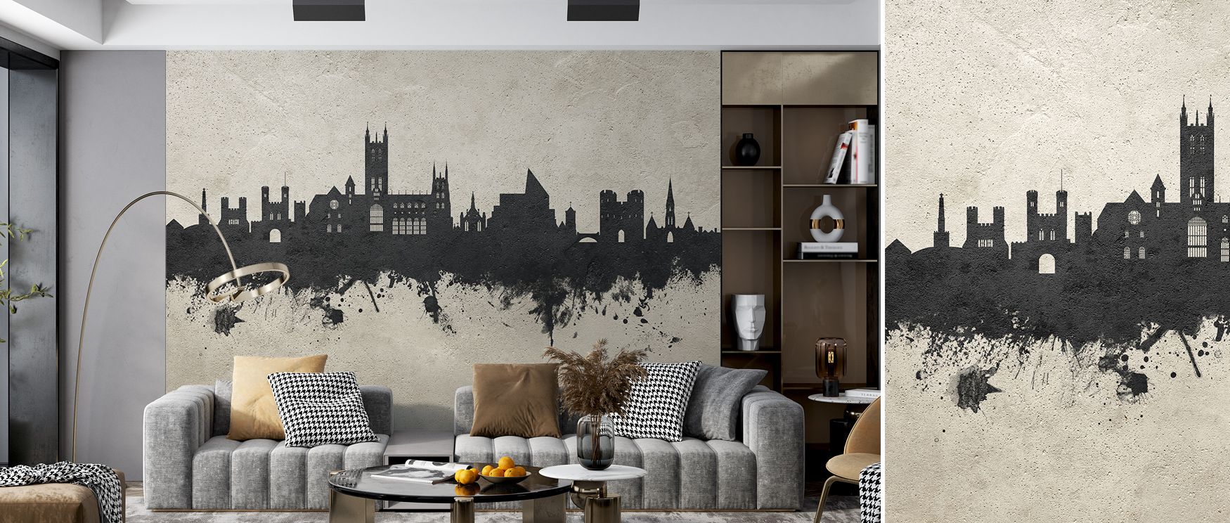 Canterbury England Skyline Concrete Wallpaper conveys rhythm and balance through muted tones. This design enriches a living room, bedroom, or office with resonance, artistry, and sophistication, surrounding interiors with industrial refinement. 