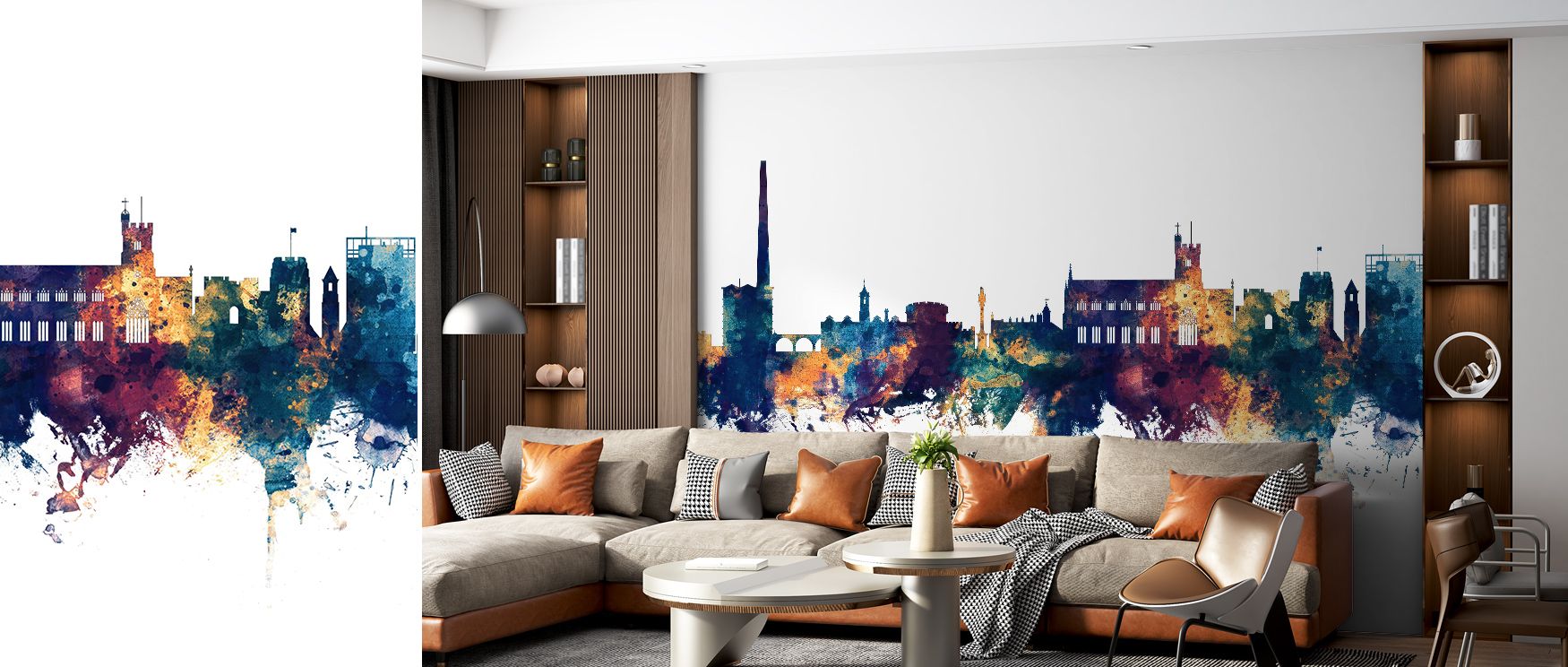In Carlisle England Skyline Blue & Bronze Wallpaper, architecture shines in luminous clarity, where tones add depth. The design enriches a living room, bedroom, or office with refinement, artistry, and resonance, surrounding interiors with heritage and el