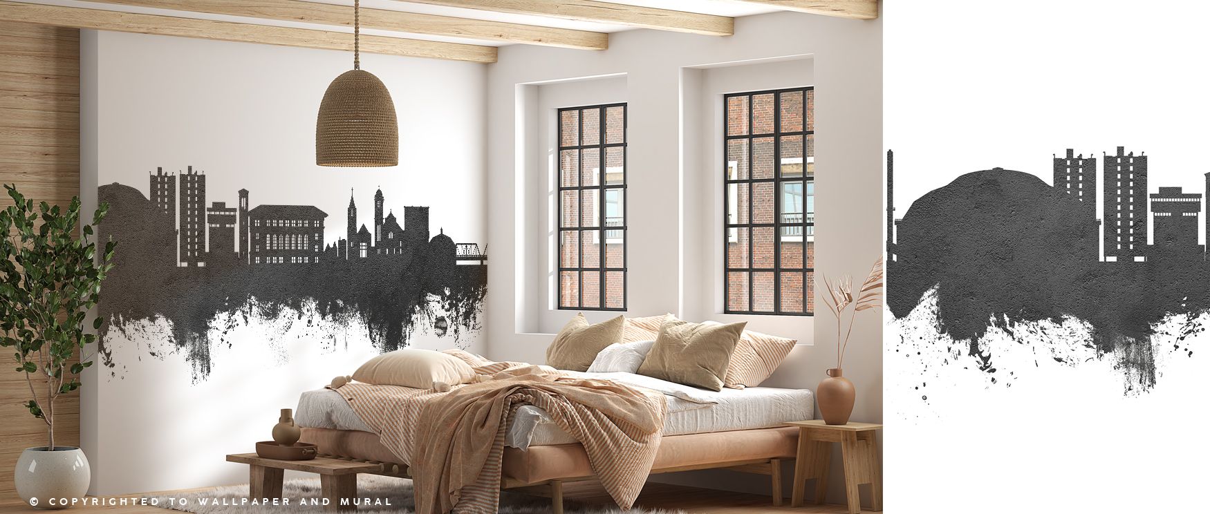 Cedar Falls Iowa Skyline Black & White Wallpaper reflects elegance where contrasts create depth across walls. This design enriches a living room, bedroom, or office with atmosphere of sophistication, artistry, and cultural resonance, surrounding interiors