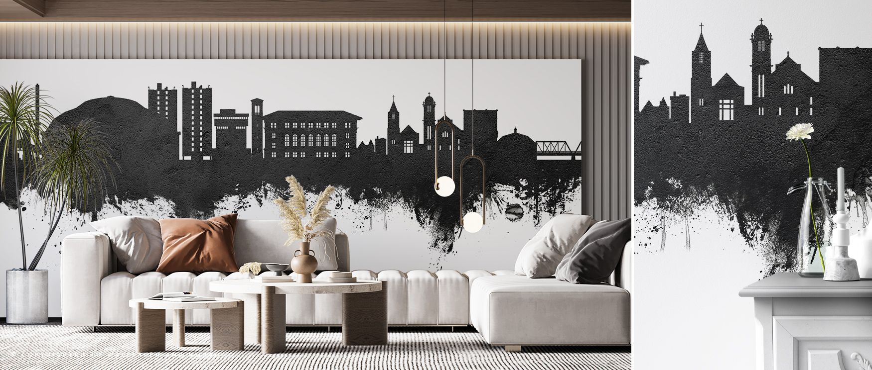 Cedar Falls Iowa Skyline Black & White Wallpaper radiates cultural pride through contrasts, where architecture becomes art. The design enriches a living room, bedroom, or office with refinement, artistry, and resonance, surrounding interiors with timeless