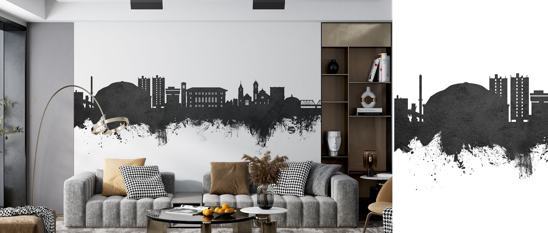Cedar Falls Iowa Skyline Black & White Wallpaper conveys rhythm and resonance through strong silhouettes. The design enriches a living room, bedroom, or office with refinement, artistry, and cultural presence, surrounding interiors with historic charm. 