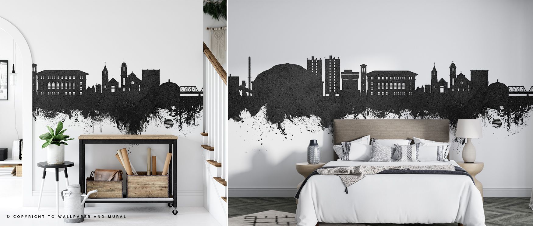 Cedar Falls Iowa Skyline Black & White Wallpaper celebrates heritage in bold tones, surrounding interiors with resonance and artistry. It enriches a living room, bedroom, or office with refinement and cultural depth, offering timeless elegance. 