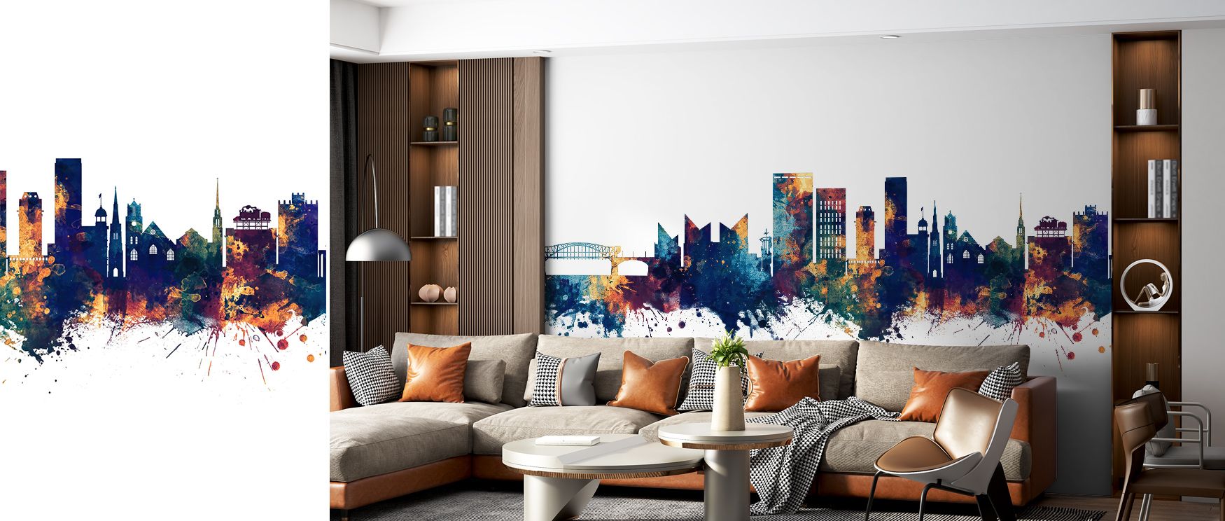 In Chattanooga Tennessee Skyline Blue & Bronze Wallpaper, architecture shines against radiant tones, surrounding interiors with resonance. The design enriches a living room, bedroom, or office with refinement, artistry, and cultural resonance, offering ti