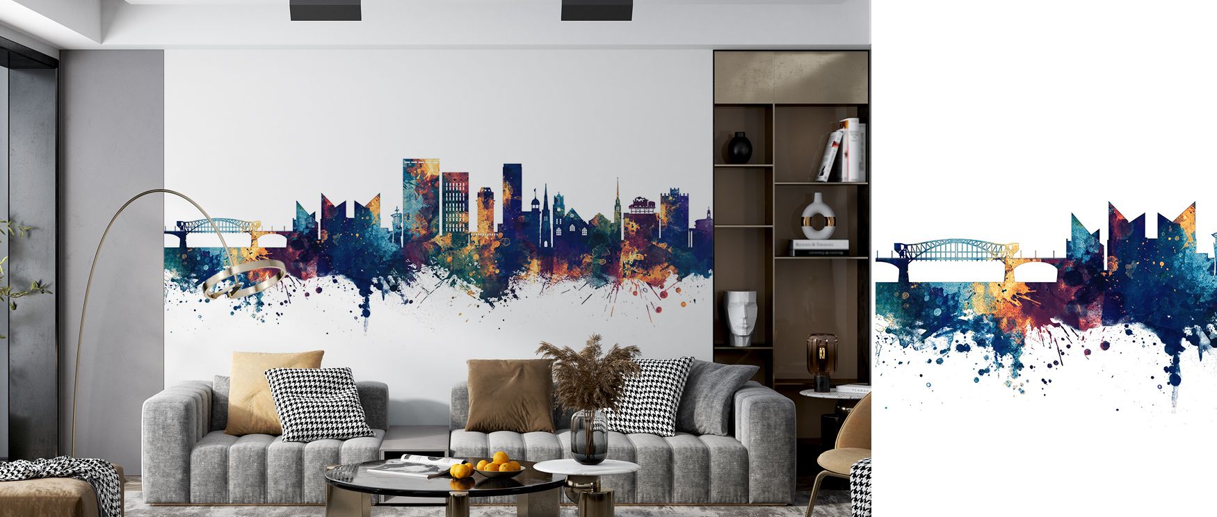 Chattanooga Tennessee Skyline Blue & Bronze Wallpaper conveys sophistication through luminous contrasts, surrounding interiors with resonance. The design enriches a living room, bedroom, or office with refinement, artistry, and cultural depth, surrounding