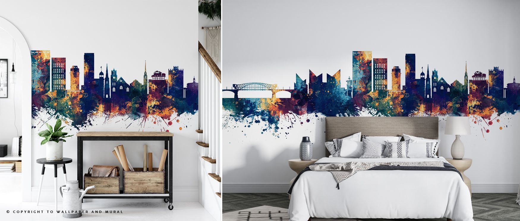 Chattanooga Tennessee Skyline Blue & Bronze Wallpaper portrays cultural resonance in radiant hues, surrounding interiors with refinement. It enriches a living room, bedroom, or office with artistry, resonance, and sophistication, offering timeless charm. 