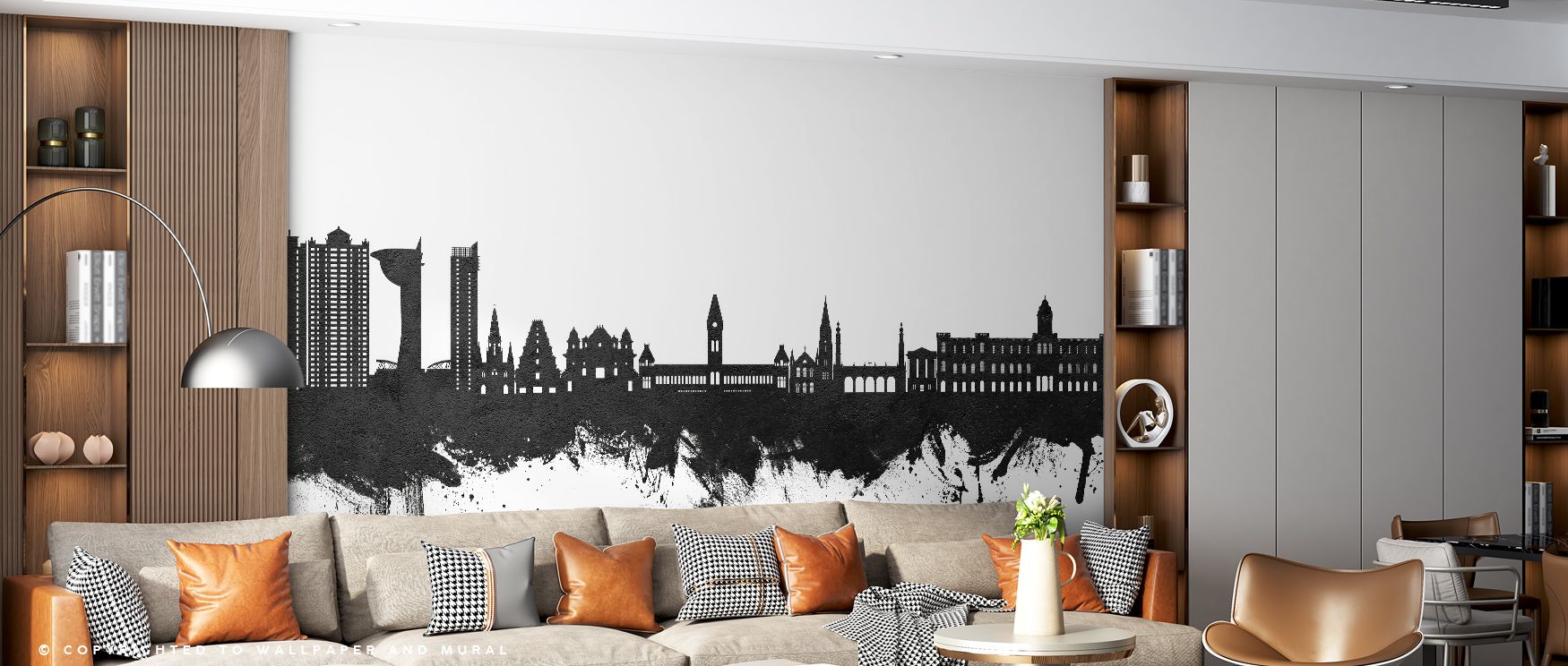 Through balance of black and white, Chennai Skyline India Black & White Wallpaper conveys rhythm that highlights detail. The design enriches a living room, bedroom, or office with refinement, artistry, and cultural pride, surrounding interiors with sophis