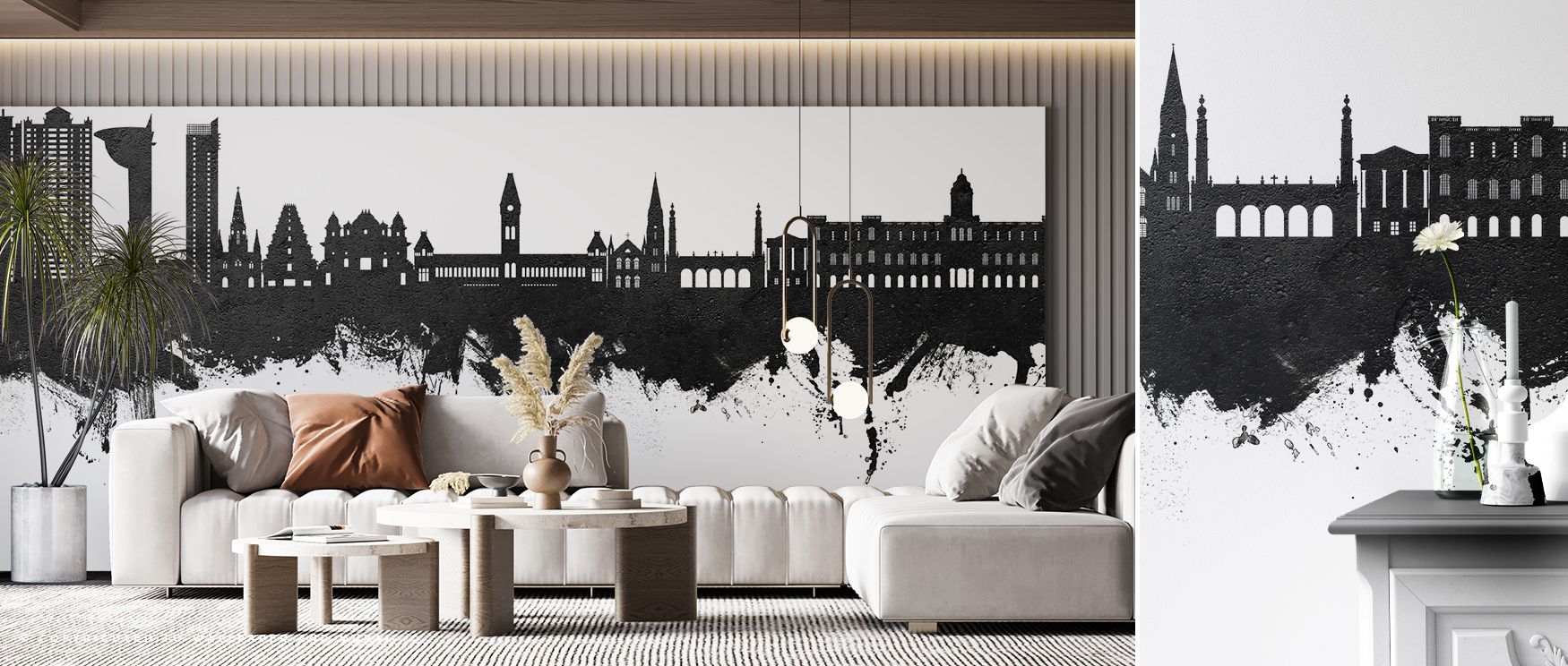Chennai Skyline India Black & White Wallpaper embodies timeless elegance where minimal contrasts create depth. The design enriches a living room, bedroom, or office with resonance, artistry, and cultural pride, surrounding interiors with sophistication. 