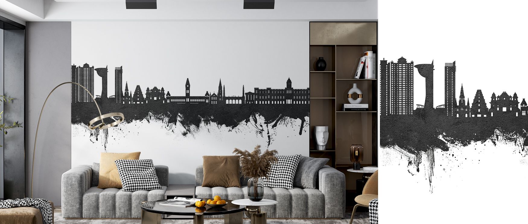 Chennai Skyline India Black & White Wallpaper portrays elegance where heritage shines in minimal tones. The design enriches a living room, bedroom, or office with resonance, artistry, and refinement, surrounding interiors with cultural resonance. 