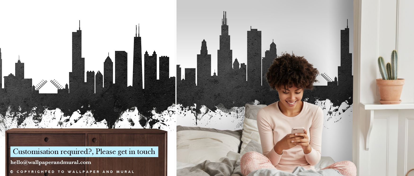 Chicago Illinois Skyline Black & White Wallpaper radiates urban pride through minimal tones, where silhouettes stand with clarity. The design enriches a living room, bedroom, or office with resonance, artistry, and sophistication, surrounding interiors wi