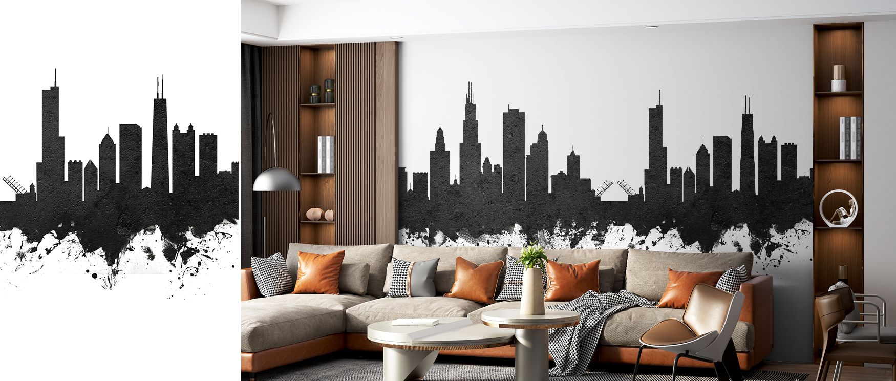 In Chicago Illinois Skyline Black & White Wallpaper, contrasts highlight detail while creating rhythm. The design enriches a living room, bedroom, or office with resonance, artistry, and sophistication, surrounding interiors with cultural pride. 