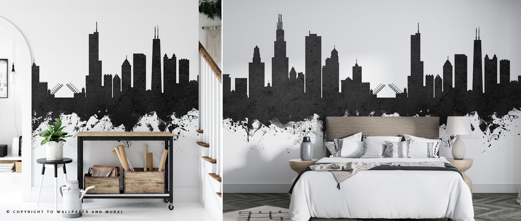 Chicago Illinois Skyline Black & White Wallpaper reflects sophistication through balance of minimal tones. This design enriches a living room, bedroom, or office with resonance, artistry, and cultural pride, surrounding interiors with elegance. 