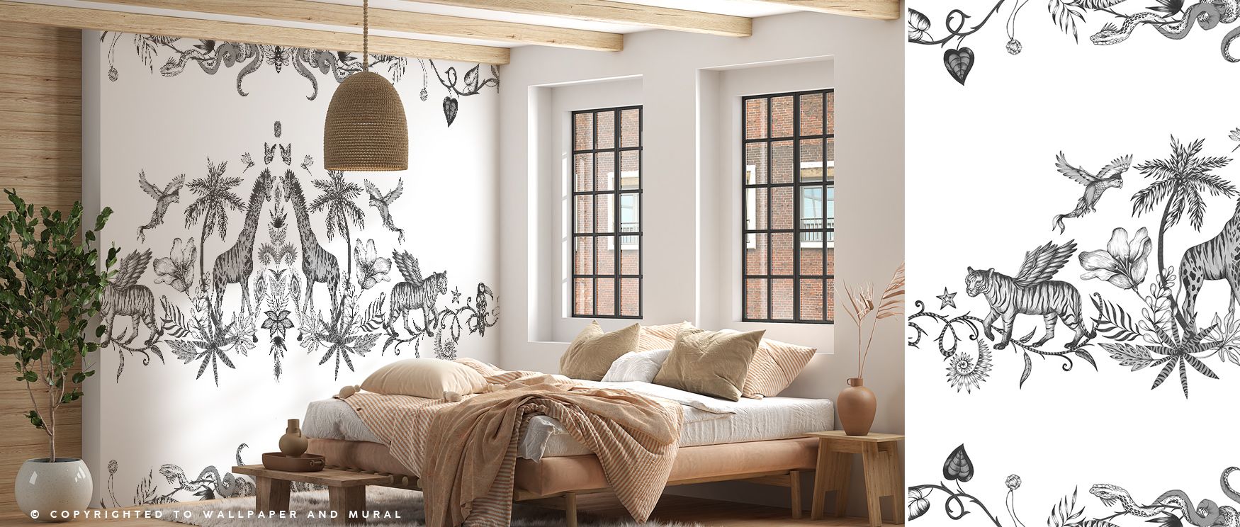 Chimera Animals Black & White Wallpaper conveys mythical resonance where bold tones highlight legendary forms. The design enriches a living room, bedroom, or office with atmosphere of refinement, artistry, and intrigue, surrounding interiors with timeless